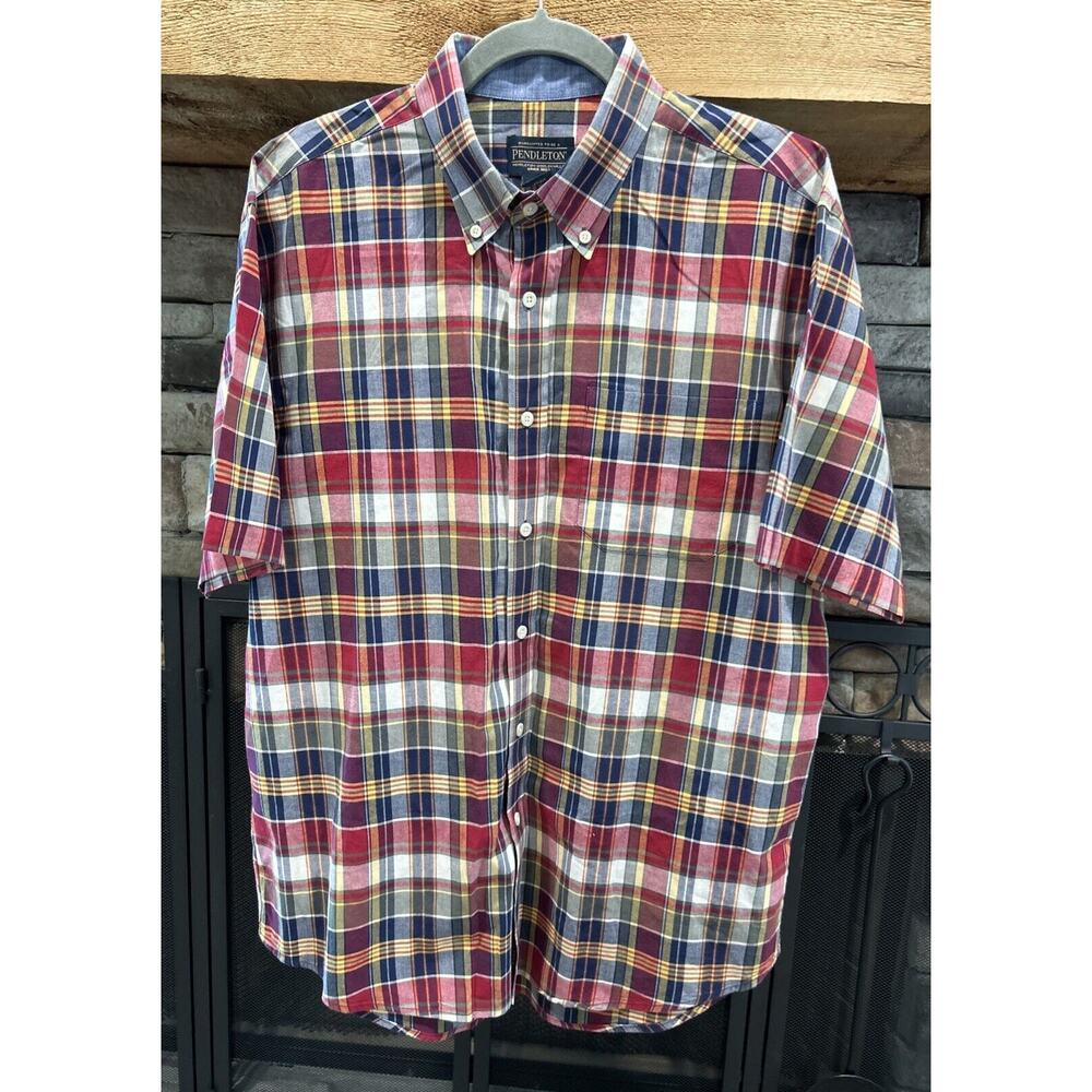 Men’s PENDLETON Multi Plaid Short Sleeve Button Up Shirt Size L *C4